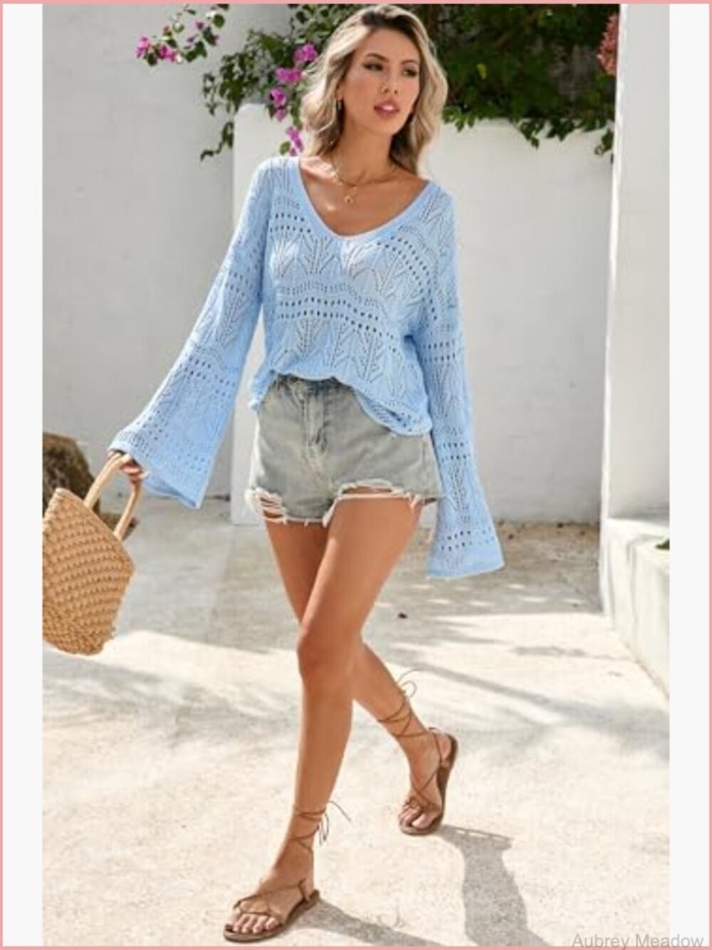 Crochet Off Shoulder Sweater Bell Sleeve Boho V-Neck - Picture 4 of 7